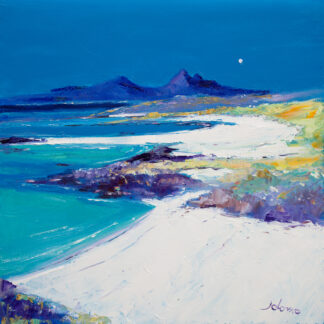 A vibrant impressionist painting of a coastal scene with a bright blue sky, turquoise water, and a moon above distant mountains. By John Lawrie Morrison OBE
